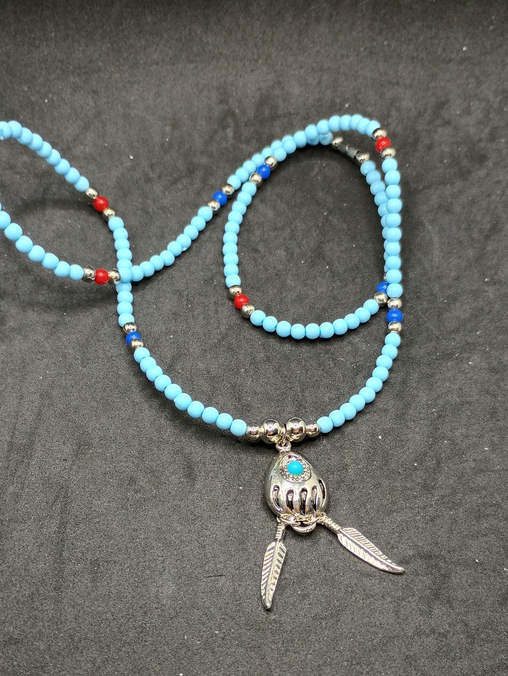 Turquoise Beaded Feather Charm Necklace